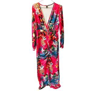 Shein Hot Pink Tropical Floral Maxi Dress L Long Sleeve Plunge Ruched Vacation